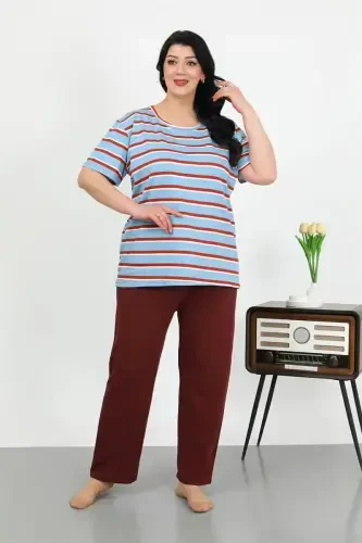 Akbeniz Ayollar Katta O'lcham Qisqa Yengli Paxta Pijama To'plami Moviy 202505 - AKBENIZ (1)