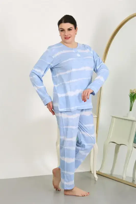 Akbeniz Ayollar Katta O'lcham Uzun Qisma Paxta Pijama To'plami Moviy 202502 - 5