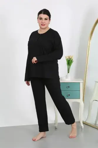 Akbeniz Ayollar Katta Oʻlcham Uzun Yengli Paxtali Pijama Toʻplami Qora 202501 - 3