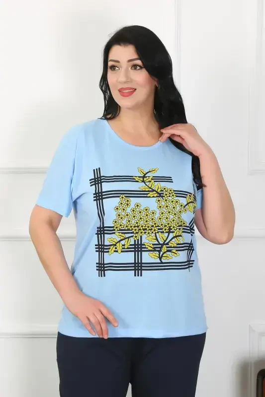 Akbeniz Ayollar Katta o'lchamdagi Moviy Pijama To'plami 202402 - 4