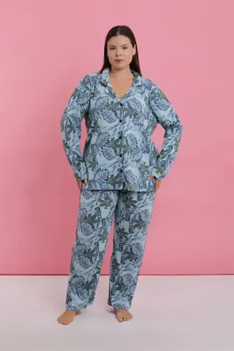 Akbeniz Ayollar Katta Oʻlchamli Moviy Tropik Naqshli Tugmali Pijama Toʻplami - 6