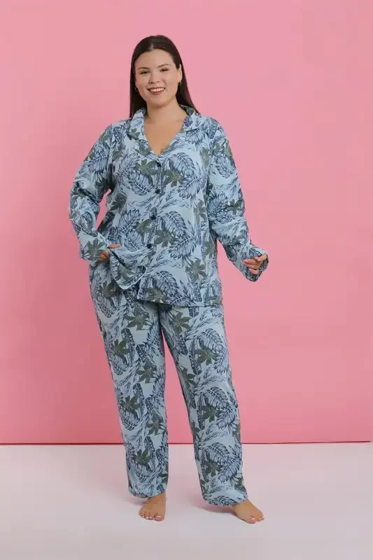 Akbeniz Ayollar Katta Oʻlchamli Moviy Tropik Naqshli Tugmali Pijama Toʻplami - 7