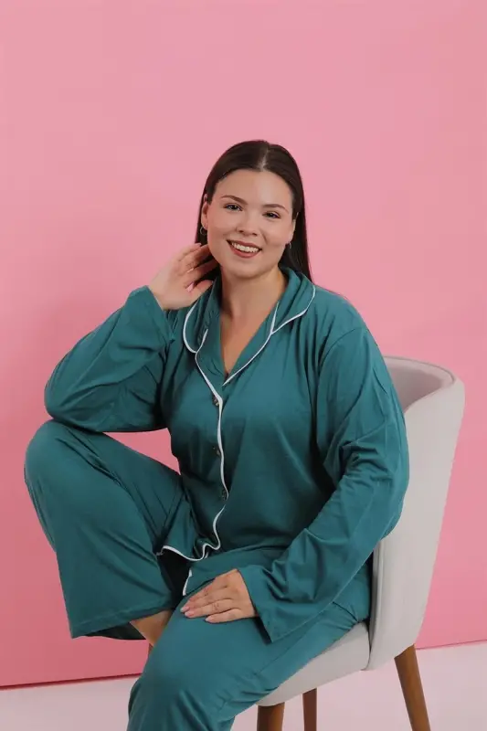 Akbeniz Ayollar Katta O'lchamli Neft Rangi Tugmali Pijama To'plami - 2