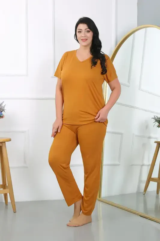 Akbeniz Ayollar Katta O'lchamli Qisqa Yengli Paxta Pijama To'plami Xantal 202405 - 1