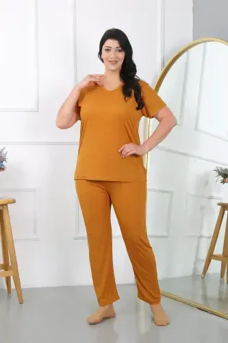 Akbeniz Ayollar Katta O'lchamli Qisqa Yengli Paxta Pijama To'plami Xantal 202405 - 4