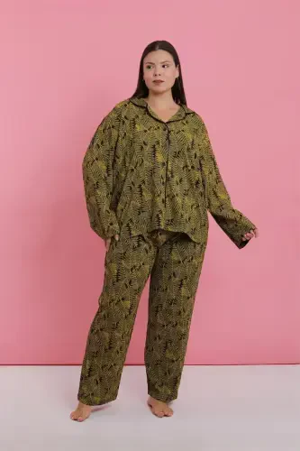 Akbeniz Ayollar Katta Oʻlchamli Tropik Barg naqshli Tugmali Pijama Toʻplami - 5