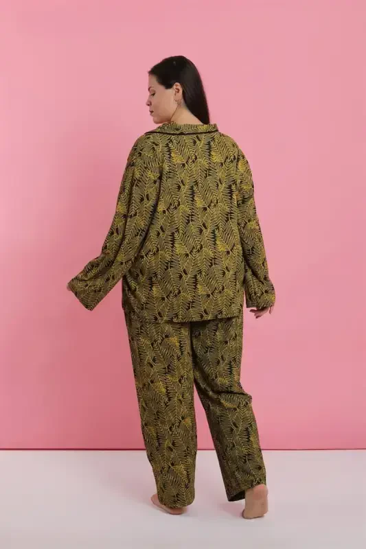 Akbeniz Ayollar Katta Oʻlchamli Tropik Barg naqshli Tugmali Pijama Toʻplami - 6