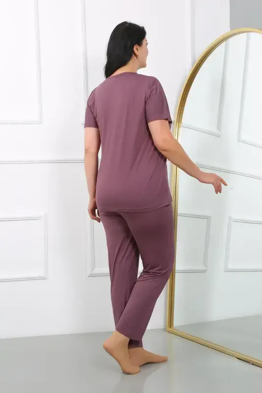 Akbeniz Ayollar Katta Razmer Qisqa Yengli Penye Pijama To'plami Murdum 202405 - 6