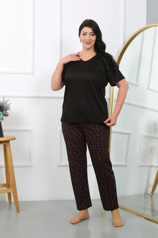 Akbeniz Ayollar Katta Razmer Qisqa Yengli Penye Pijama To'plami Qora 202406 - 5