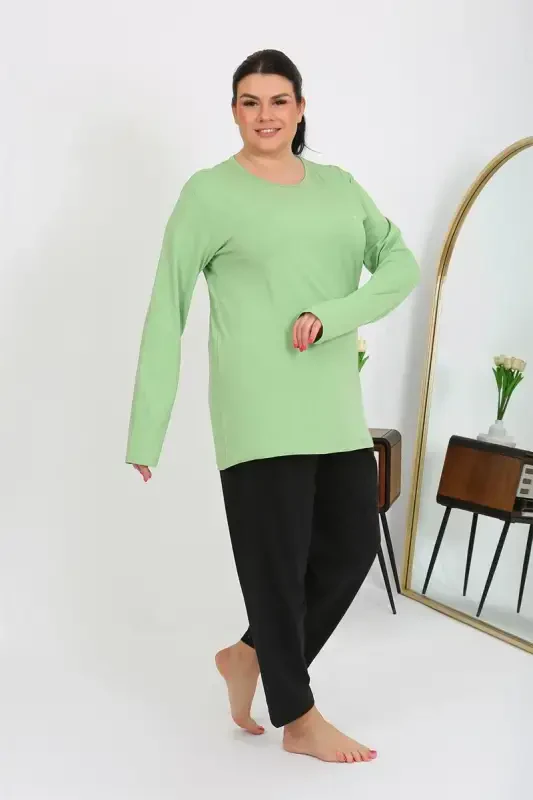 Akbeniz Ayollar Katta Razmer Uzun Qisma Triko Pijama To'plami Pista Yashil 202408 - 4