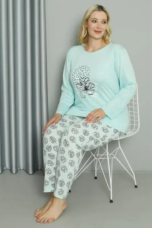 Akbeniz Ayollar Katta Razmerli Paxta Uzun Yengli Pijama To'plami 202211 - 4