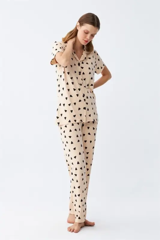 Akbeniz Ayollar Krem Rangli Yurak Naqshli Oldindan Tugmali Pijama To'plami - 5