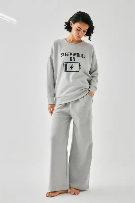 Akbeniz Ayollar Kulrang Sleep Mode ON Katta 2 Ip Sport Kostyumi Uy Kiyimlar To'plami - 3