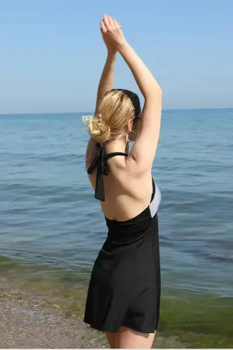 Akbeniz Ayollar Likrali Shortikli Bantikli Ko'ylak Mayo Qora 37022 - 4