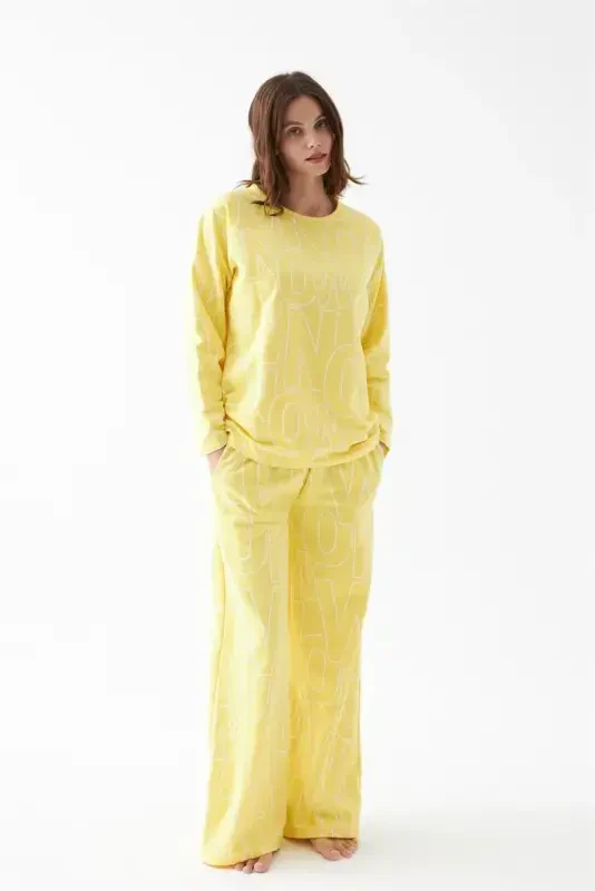 Akbeniz Ayollar Oversize Sariq Naqshli Paxtalik Qalin Pijama To'plami - AKBENIZ