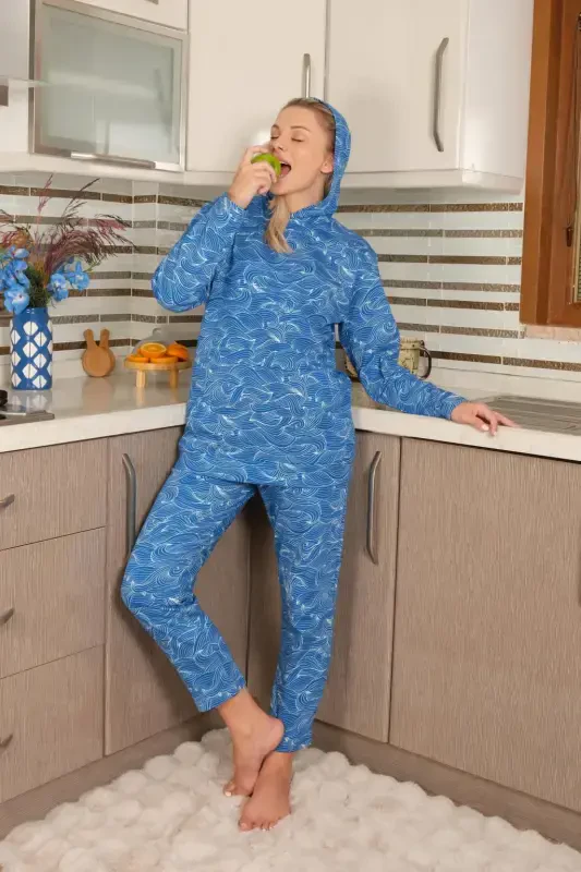 Akbeniz Ayollar Paxta Kapüşonli Cho'ntakli 3 Ip Saks Sport Kiyim Kostyumi 9037 - 5