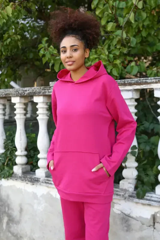 Akbeniz Ayollar Paxta Kapüşonli Cho'ntakli 3 Ipdan Tikilgan Fushiya Sport Kiyimi 9037 - 2