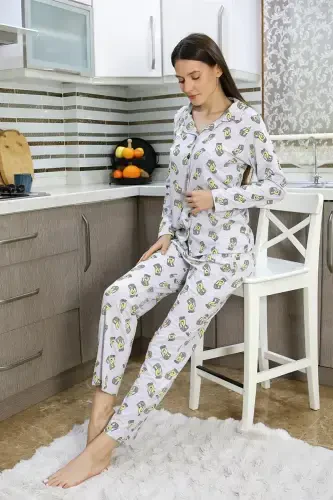 Akbeniz Ayollar Paxta Penye Oldidan Tugmali Uzun Qisma Pijama To'plami Kulrang 2784 - 5