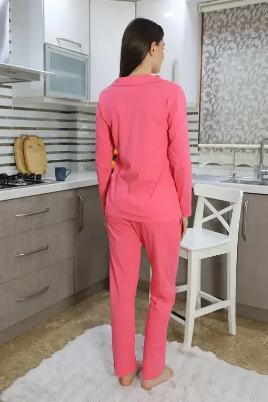 Akbeniz Ayollar Paxta Penye Oldidan Tugmali Uzun Qisma Pijama To'plami Pushti 2783 - 4
