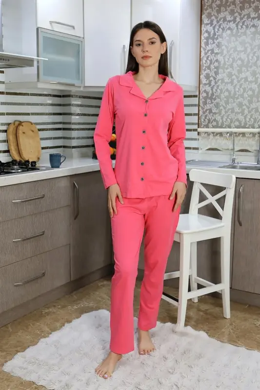 Akbeniz Ayollar Paxta Penye Oldidan Tugmali Uzun Qisma Pijama To'plami Pushti 2783 - 2