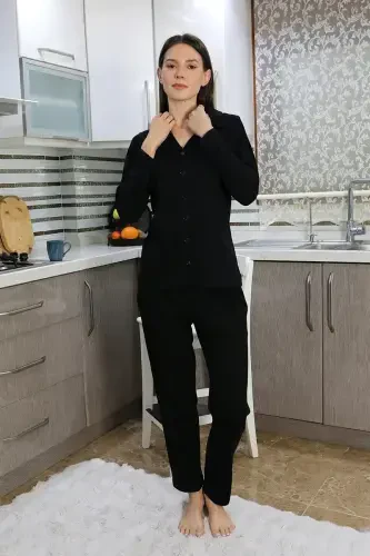 Akbeniz Ayollar Paxta Penye Oldidan Tugmali Uzun Qisma Pijama To'plami Qora 2783 - 1