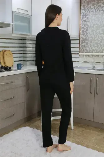 Akbeniz Ayollar Paxta Penye Oldidan Tugmali Uzun Qisma Pijama To'plami Qora 2783 - 4