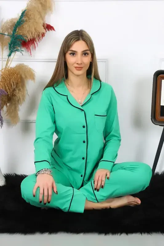 Akbeniz Ayollar Paxta Penye Oldidan Tugmali Uzun Qўl Yashil Pijama To'plami 2782 - 3