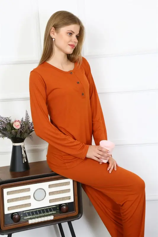 Akbeniz Ayollar Paxta Uzun Yengli Shimli Pijama To'plami 4168 - 3