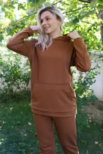 Akbeniz Ayollar Paxtali Kapüşonli Cho'ntakli 3 Ipdan Ishlangan Jigarrang Sport Kostyumi 9037 - 6