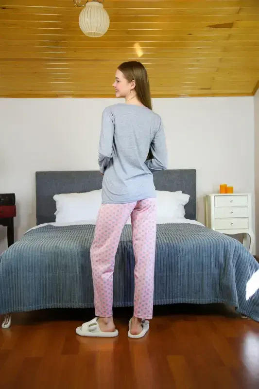 Akbeniz Ayollar Paxtalik Uzun Yengli Pijama To'plami 4118 - 4