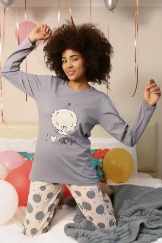 Akbeniz Ayollar Paxtalik Uzun Yengli Pijama To'plami 4186 - 2