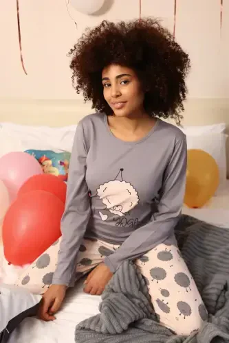 Akbeniz Ayollar Paxtalik Uzun Yengli Pijama To'plami 4186 - 6