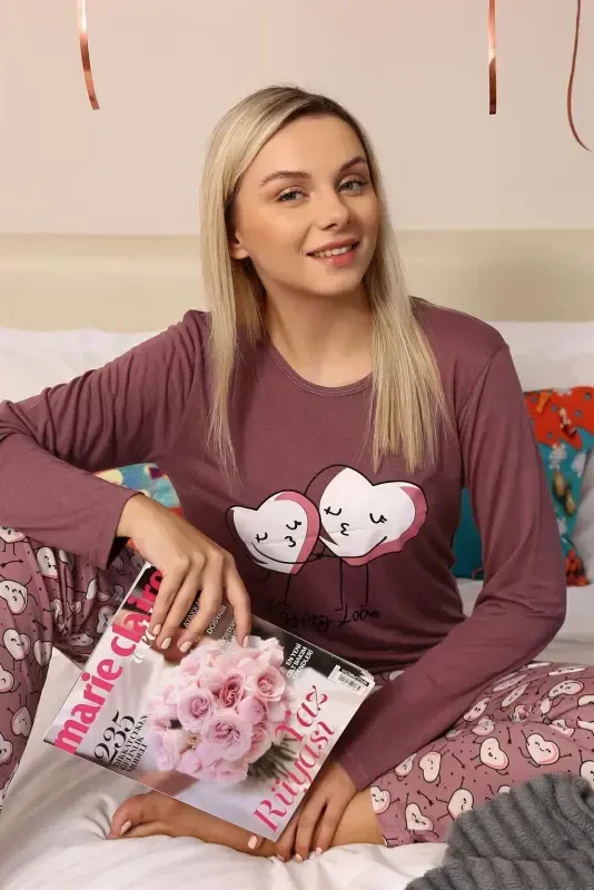 Akbeniz Ayollar Paxtalik Uzun Yengli Pijama To'plami 4187 - 6