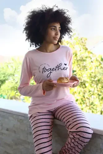 Akbeniz Ayollar Paxtalik Uzun Yengli Pijama To'plami 4190 - 1