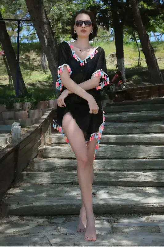 Akbeniz Ayollar Popukli Tunika Pareo Plyaj Kiyimi Qora 38048 - 2