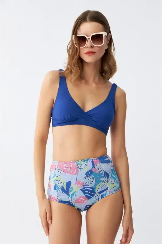 Akbeniz Ayollar Prokladkali Barg naqshli Yuqori Bel Saksofon Bikini Kostyumi - 1