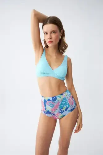 Akbeniz Ayollar Prokladkali Yuqori Tropik naqshli Baland belli Bikini to'plami - Muz Moviy - 3