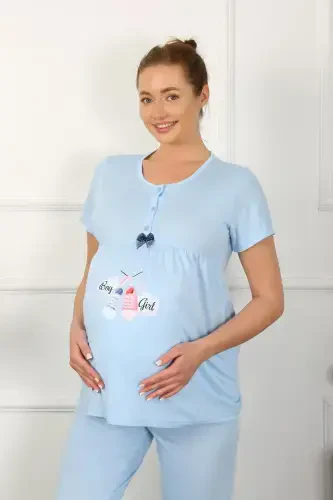Akbeniz Ayollar Qisqa Qollik Homilador Emizikli Pijama To'plami Moviy 45210 - 4