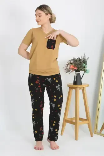 Akbeniz Ayollar Qisqa Yeng Paxta Penye Pijama Kostyumi Xantal 4214 