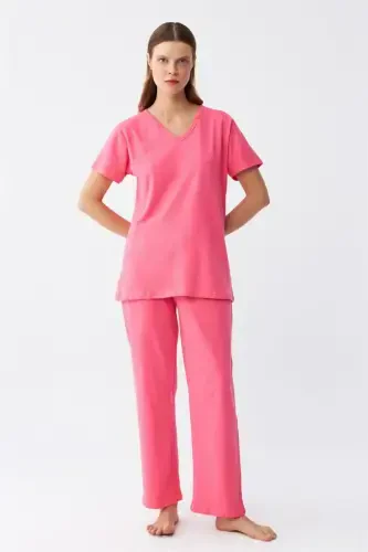 Akbeniz Ayollar Qisqa Yengli Paxta Penye Pijama To'plami Fuchsia 4213 - 4