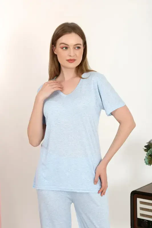 Akbeniz Ayollar Qisqa Yengli Paxta Penye Pijama To'plami Moviy 4213 - 2