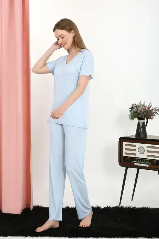 Akbeniz Ayollar Qisqa Yengli Paxta Penye Pijama To'plami Moviy 4213 - 4