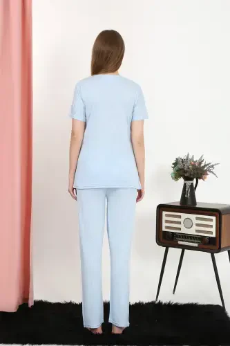 Akbeniz Ayollar Qisqa Yengli Paxta Penye Pijama To'plami Moviy 4213 - 6