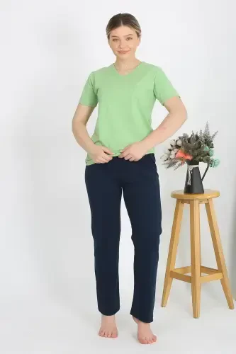 Akbeniz Ayollar Qisqa Yengli Paxta Triko Pijama To'plami Fistashka Yashili 4215 - 4