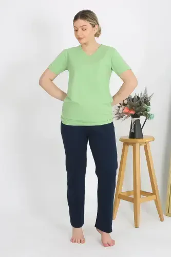 Akbeniz Ayollar Qisqa Yengli Paxta Triko Pijama To'plami Fistashka Yashili 4215 - 6