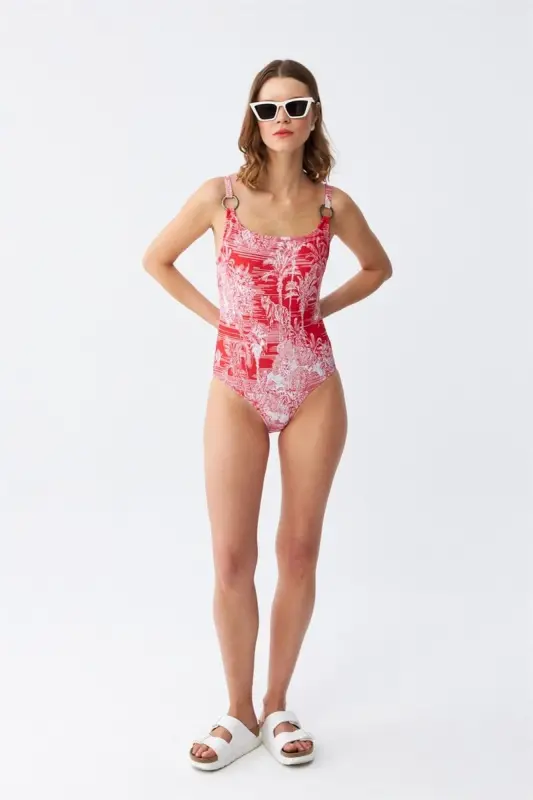 Akbeniz Ayollar Qizil Tropik Naqshli Aksessuar Oʻrnatilgan Bir Qismli Suzish Kiyimi - 2