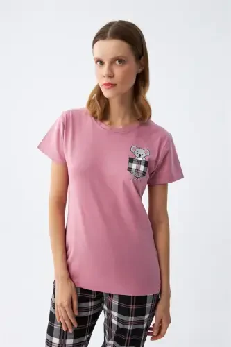 Akbeniz Ayollar Salmon Ayiqcha Bosmali Ekoseli Penye Pijama To'plami - 2