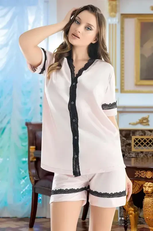 Akbeniz Ayollar Satin Oldidan Tugmali Shortli Pijama To'plami S-4016 - AKBENIZ