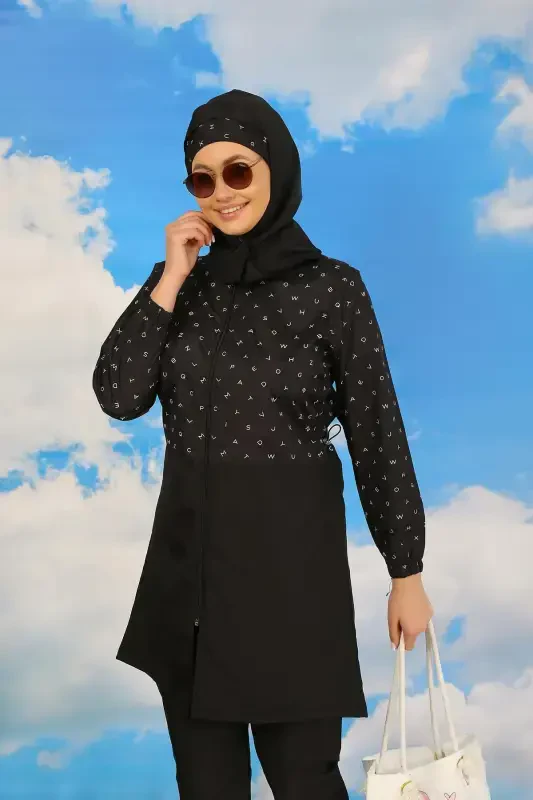 Akbeniz Ayollar Shimli Naqshli To'liq Hijob Mayo Qora 31074 - AKBENIZ