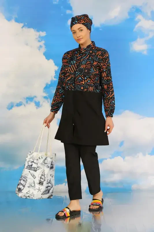 Akbeniz Ayollar Shimli Naqshli To'liq Hijob Mayo Qora 31075 - 1